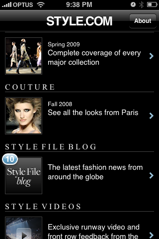 Style.com for iphone Style.com main menu