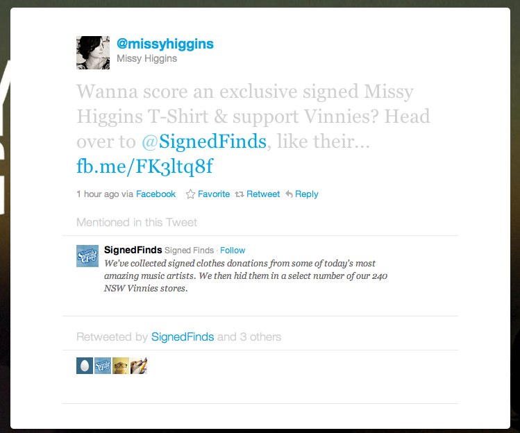 Missy Higgins tweets about Signed Finds Missy Higgins tweets about Signed Finds
